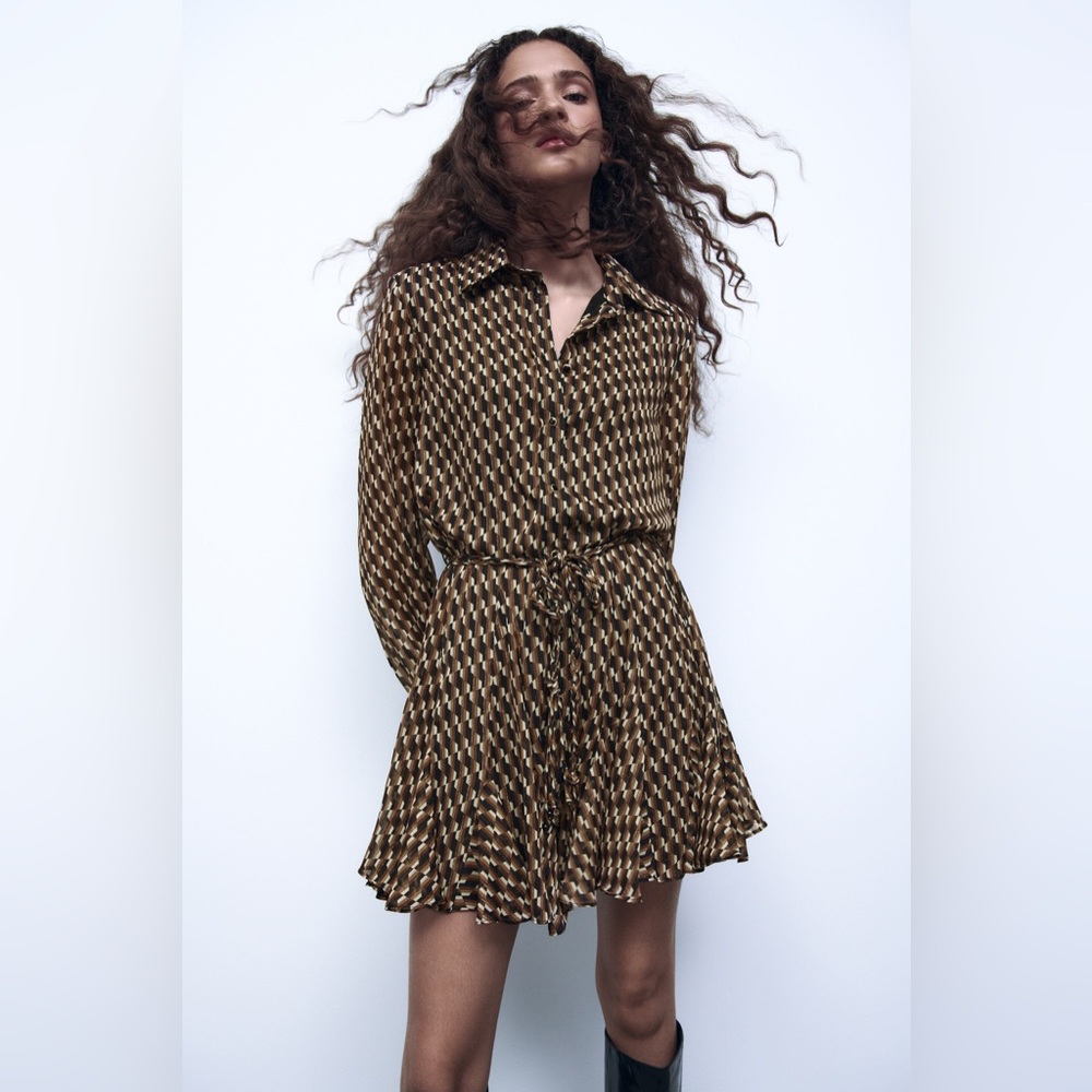 Zara Retro Geo Print Black Brown and Gold Lurex Ruffled Skater Mini Dress